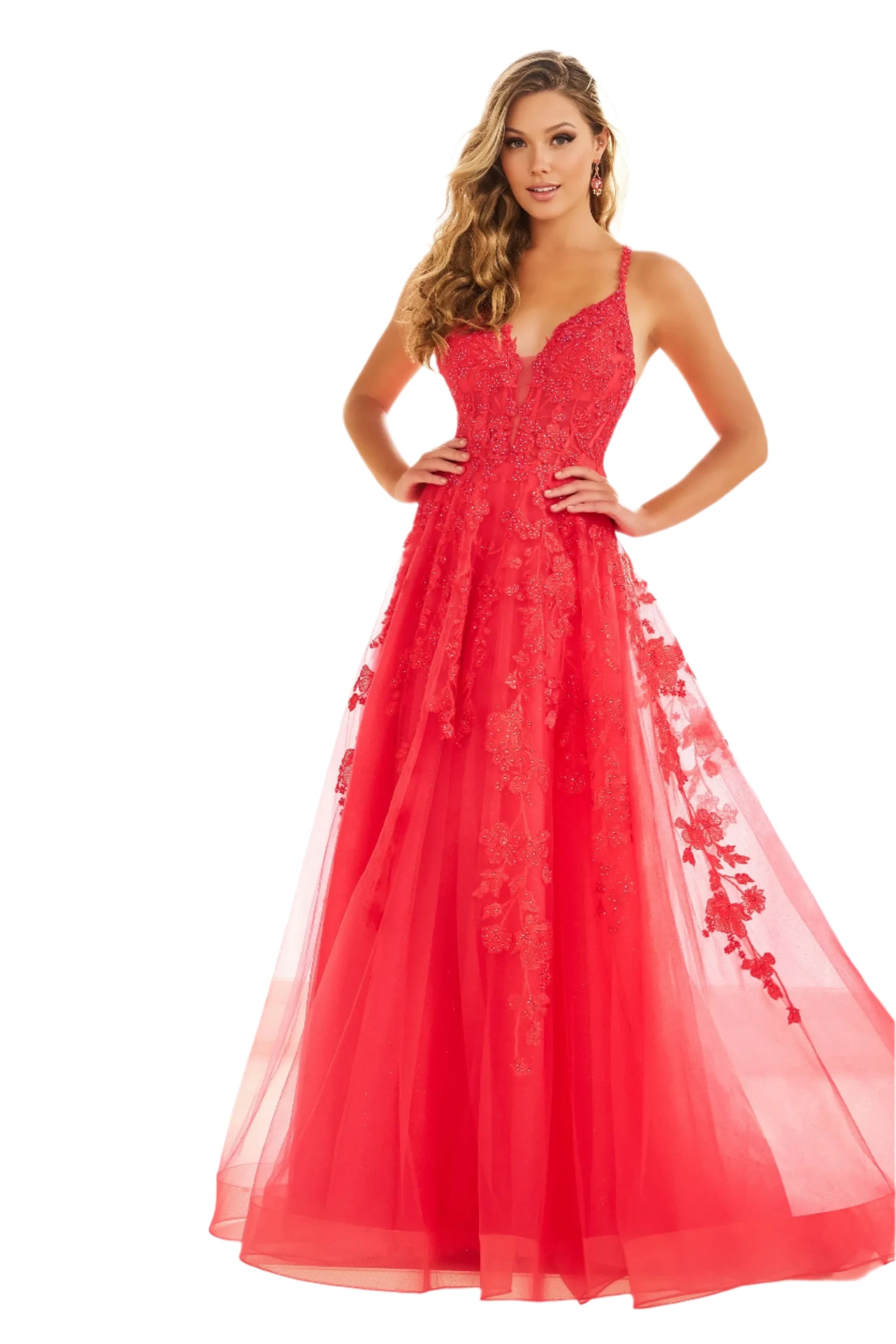 Ellie Wilde EW36015 Size 12 Strawberry Long sheer lace A Line Prom Dress Shimmer Pageant Gown Formal Ballgown