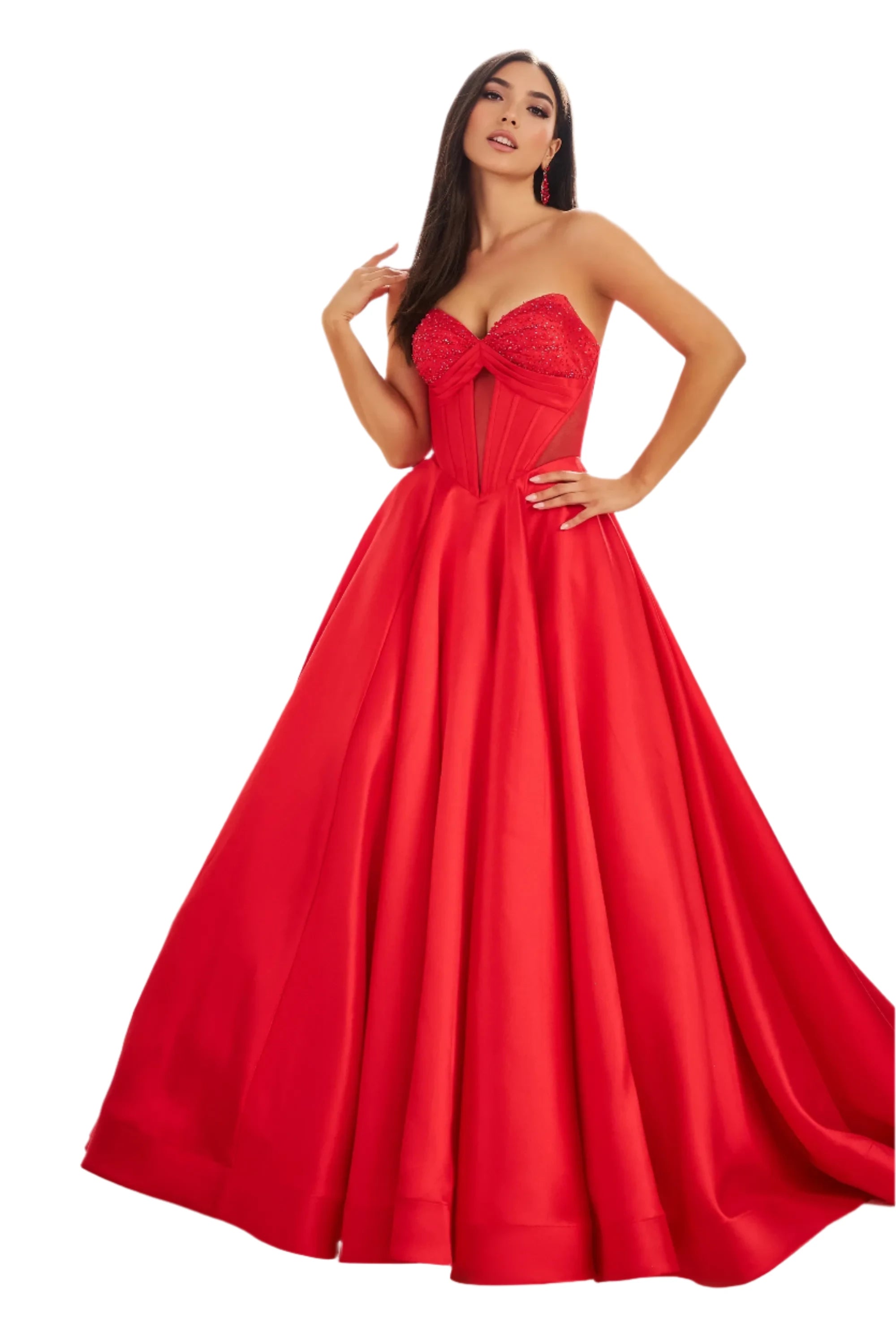 Ellie Wilde EW36025 Size 12 Red A Line Sheer Ballgown Prom Dress Pageant Pockets Cut Out Gown Corset