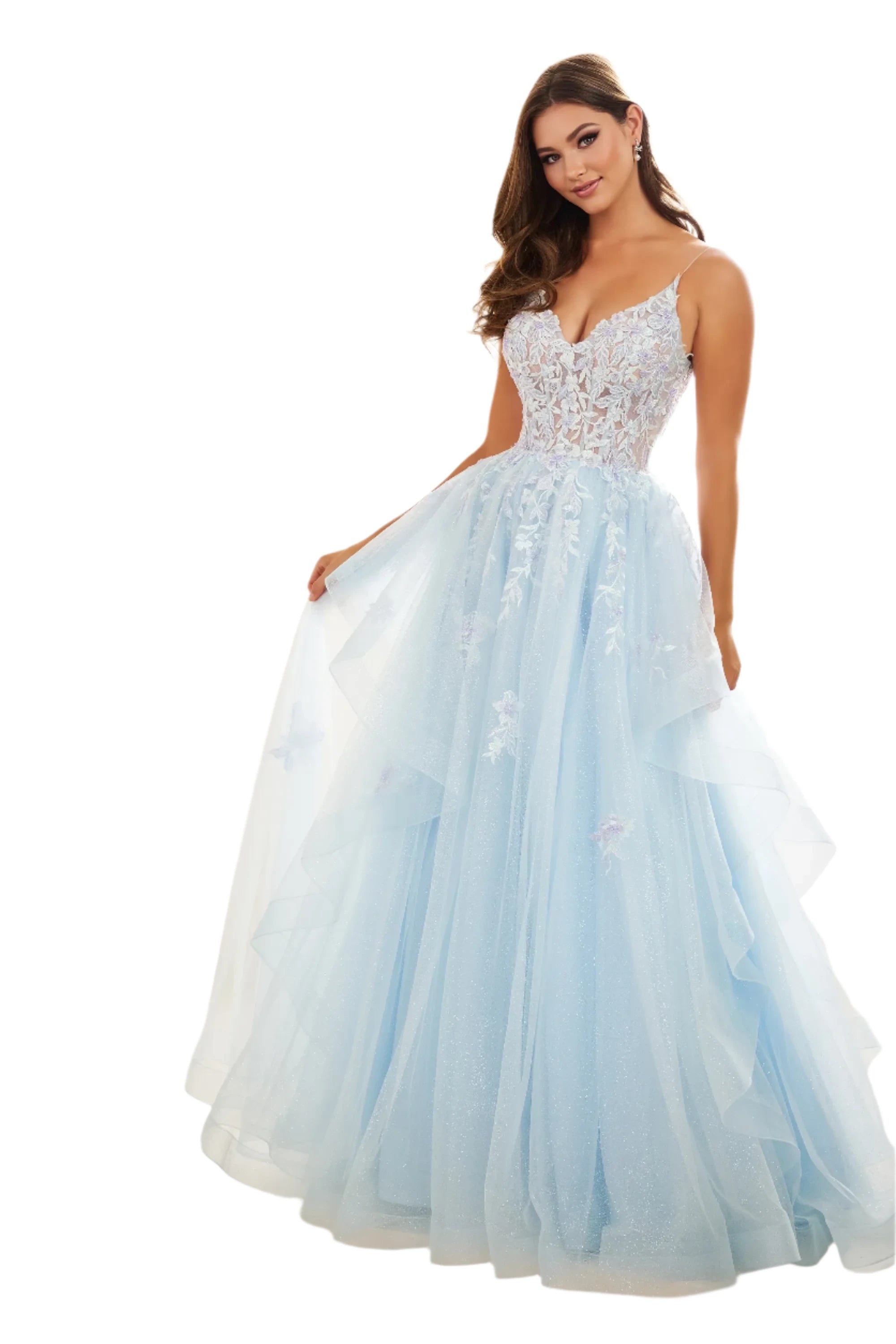 Ellie Wilde EW36085 Size 4 Ice Blue Sheer Lace Shimmer Prom Dress A Line Ballgown Ruffle Formal Pageant