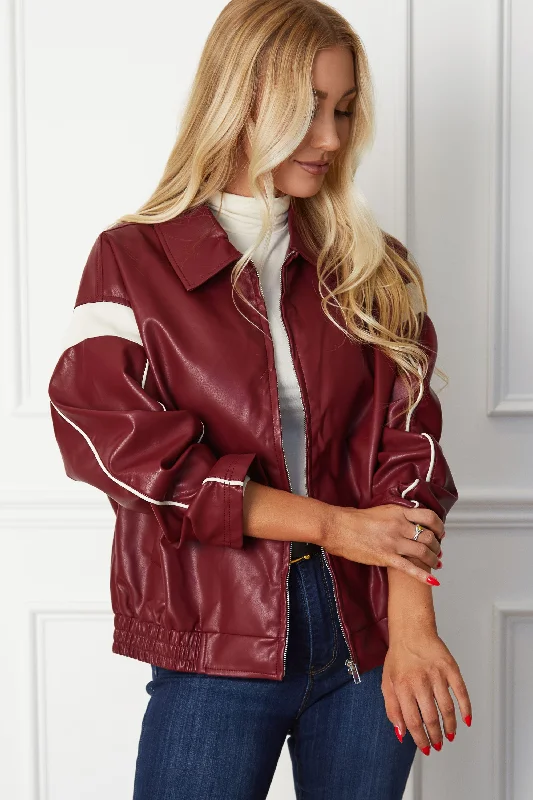 Eugenia Burgundy Vegan Leather Racer Jacket Trench Coat Raincoat Waterproof Jacket