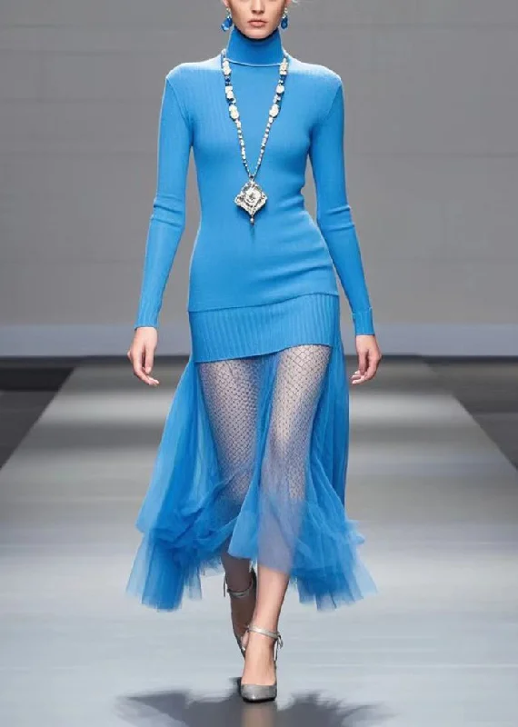 Fashion Blue High Neck Patchwork Tulle Knit Sweater Dress Winter