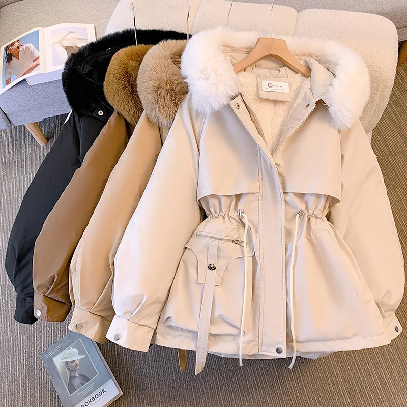 Getadme Fleece Lined Hood Down Jacket Winter Coat for Women Warm Drawstring Padded Parkas Korean Casual Streetwear Female Puffer Outwear Knit Fabric Woven Fabric Fleece Fabric Getadme Fleece Lined Hood Down Jacket Winter Coat for Women Warm Drawstring Padded Parkas Korean Casual Streetwear Female Puffer Outwear Knit Fabric Woven Fabric Fleece Fabric