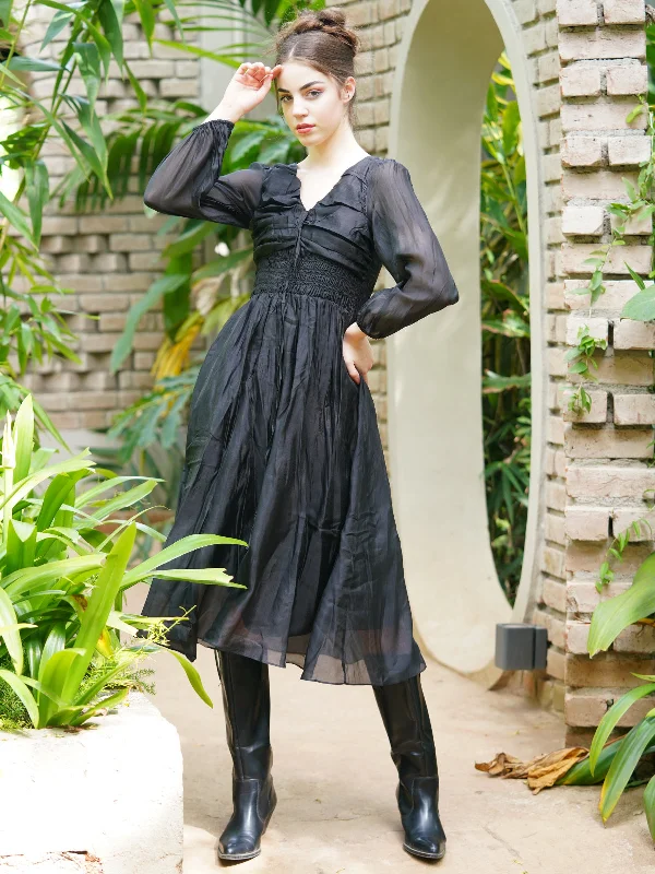Odette Women Graceful Black Polyester Voil Solid Long Stitched Dress