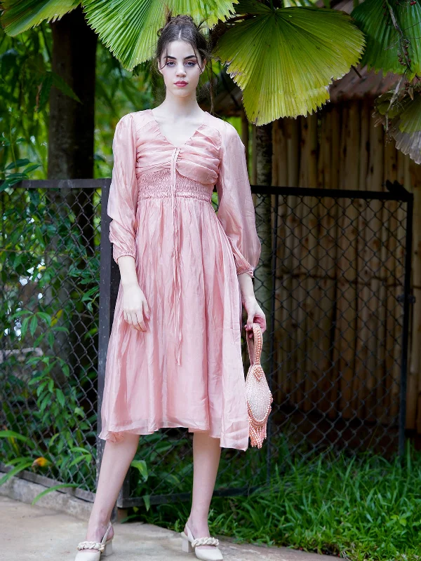 Odette Women Graceful Peach Polyester Voil Solid Stitched Dress
