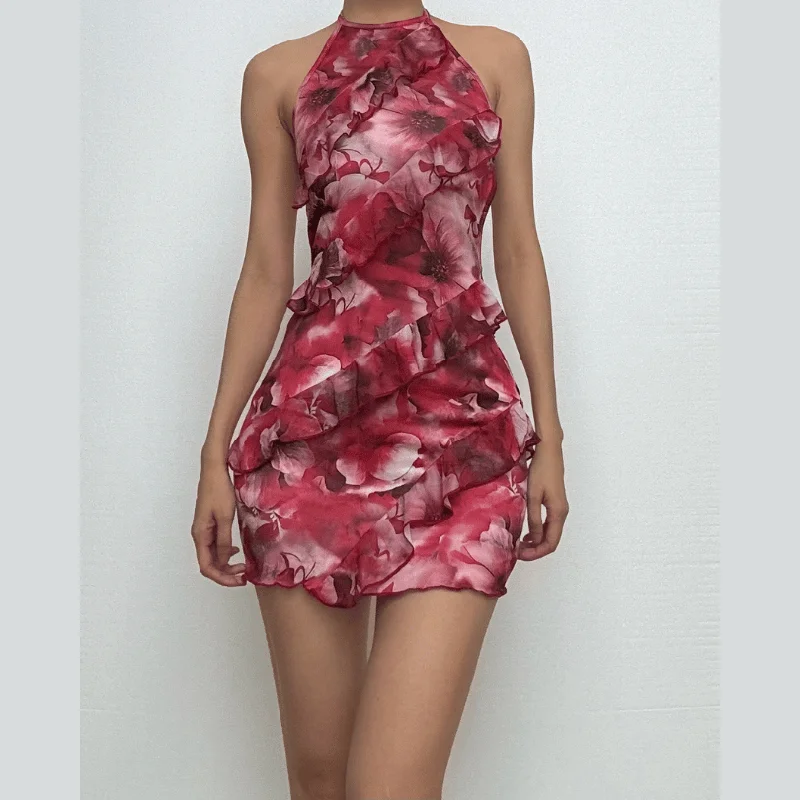 Halter self tie flower print backless ruffle mini dress Trendy Lace Mini Dress