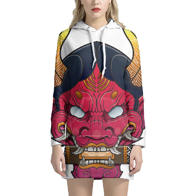 Japanese Demon Mask Print Pullover Hoodie Dress