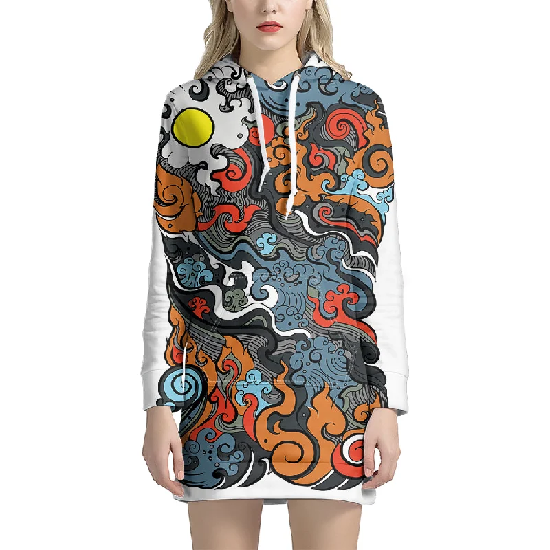 Japanese Elemental Tattoo Print Pullover Hoodie Dress