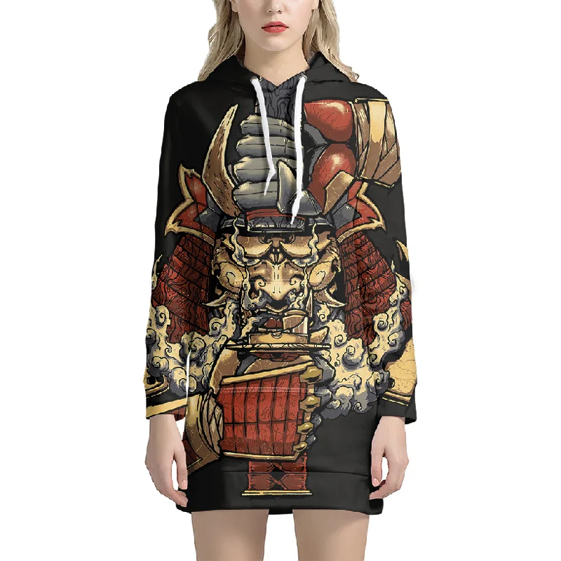Japanese Ghost Samurai Print Pullover Hoodie Dress