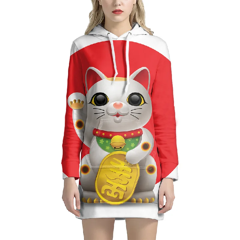 Japanese Lucky Cat Maneki Neko Print Pullover Hoodie Dress