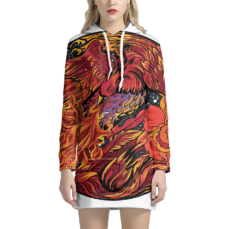 Japanese Phoenix Print Pullover Hoodie Dress