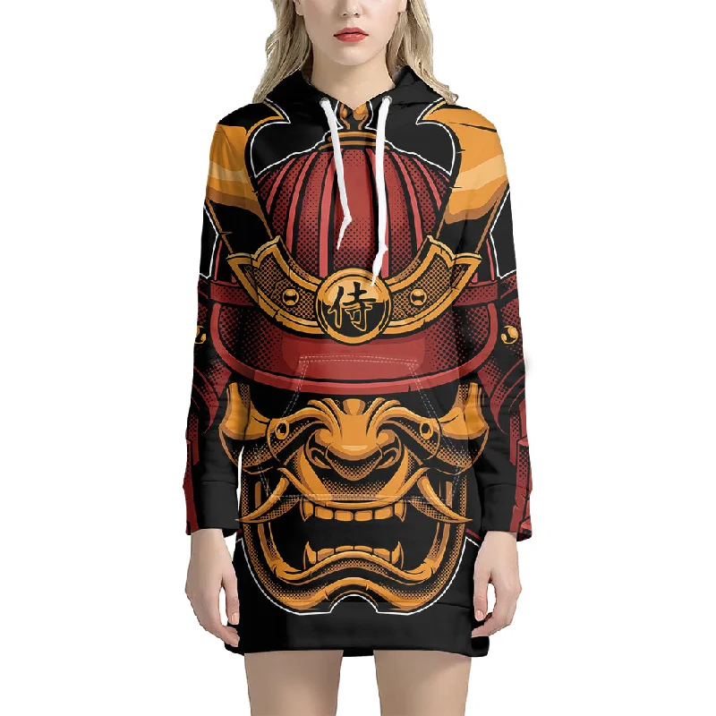 Japanese Samurai Warrior Mask Print Pullover Hoodie Dress