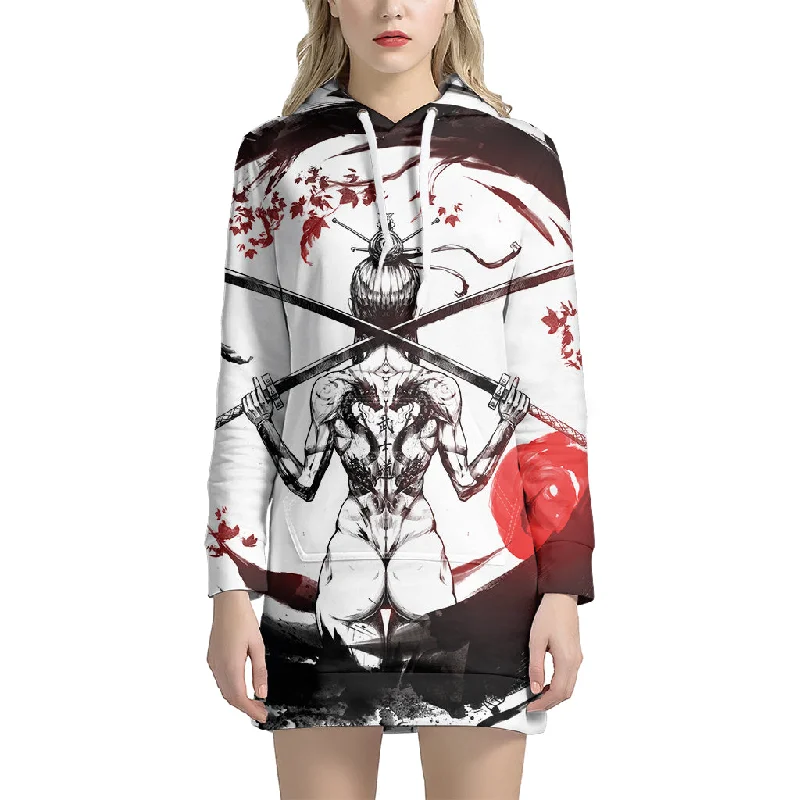 Japanese Samurai Woman Print Pullover Hoodie Dress