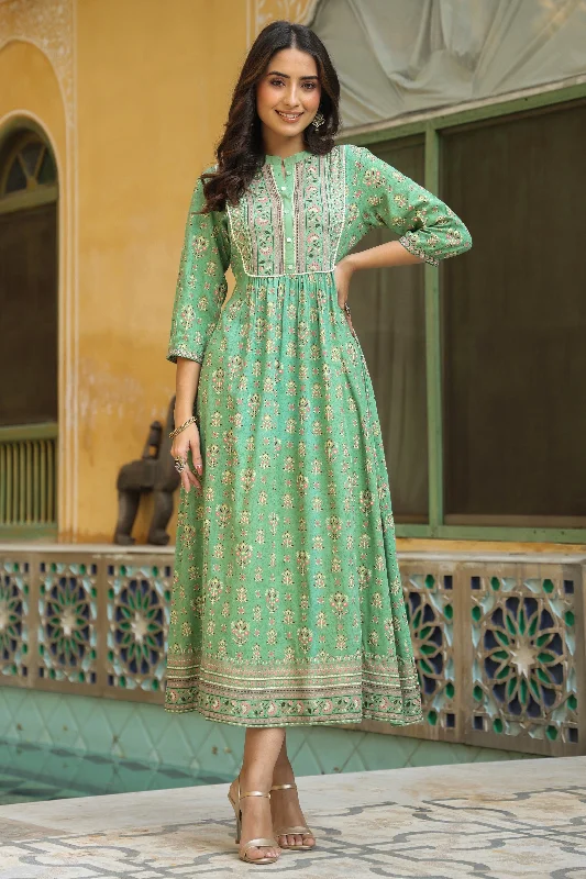 Jashvi Women`s Pistagreen Rayon Printed A-Line Dress
