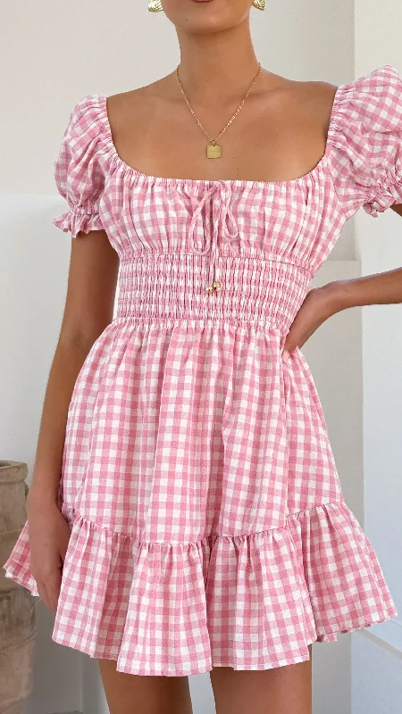 Kori Mini Dress - Pink Check Trendy Denim Mini Dress