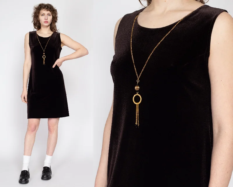 Large 90s Brown Velvet Built-In Necklace Mini Dress Modern Satin Mini Dress