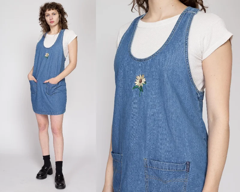 Medium 90s Denim Daisy Pinafore Mini Dress Cozy Cotton Mini Dress