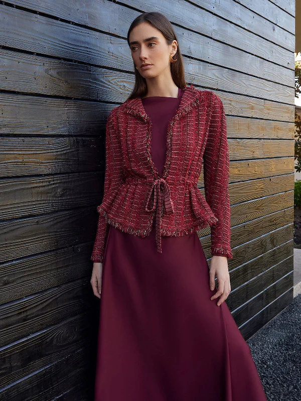 Modern Fit Linear Fringe Tweed Belted Knit Jacket Plaid Jacket Tartan Jacket Houndstooth Jacket