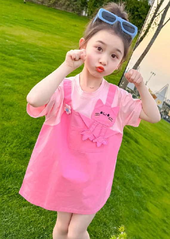 New Pink O Neck False Two Pieces Cotton Girls Dress Summer EW044