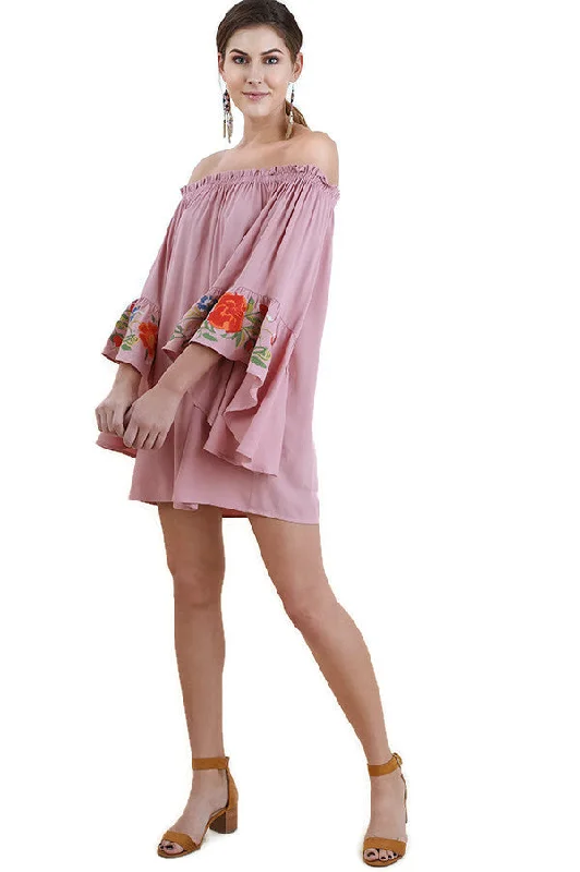 Floral Embroidered Bell Sleeve Mini Dress, Dusty Pink Elegant Lace-Up Mini Dress