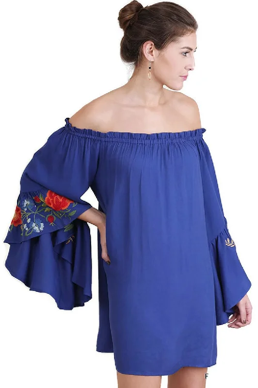 Floral Embroidered Bell Sleeve Mini Dress, Royal Blue Casual High-Waist Mini Dress