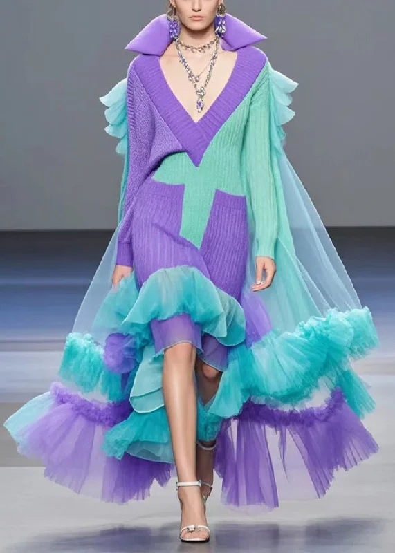 Organic Colorblock Asymmetrical Patchwork Tulle Long Knit Dress Winter