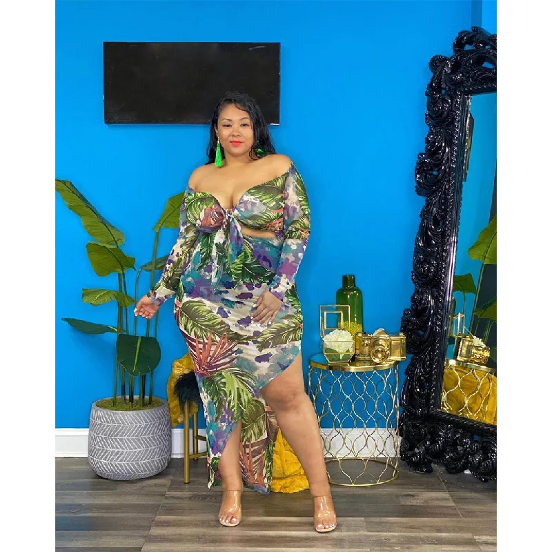 Plus Size Plus Size Women  Sexy Print Lace-up Oblique Split Asymmetric Dress