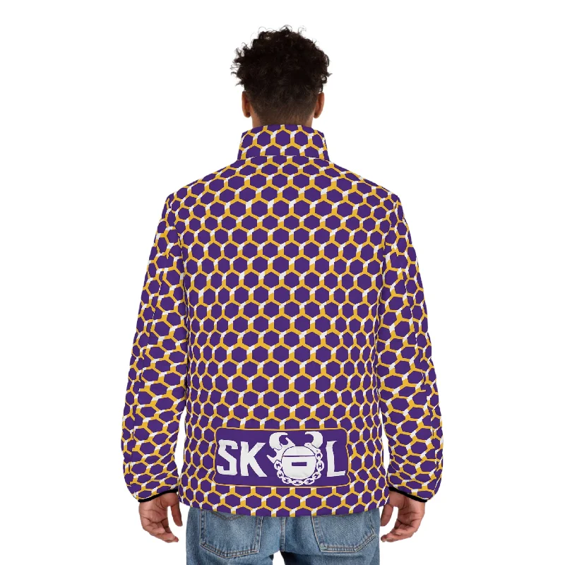 Puffer Jacket - Purple/Gold Hex Zip Front Button Front Snap Front