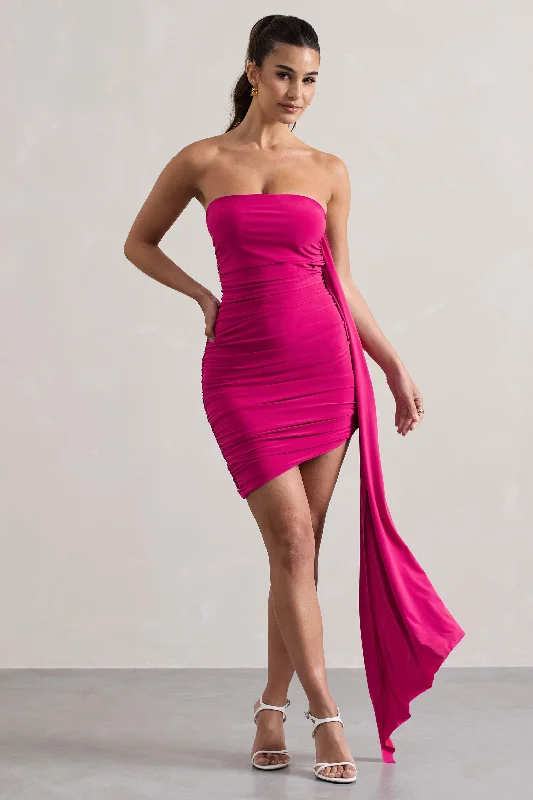 Siena | Hot Pink Ruched Asymmetric Mini Dress With Sash Stylish Floral Print Mini Dress Siena | Hot Pink Ruched Asymmetric Mini Dress With Sash Stylish Floral Print Mini Dress
