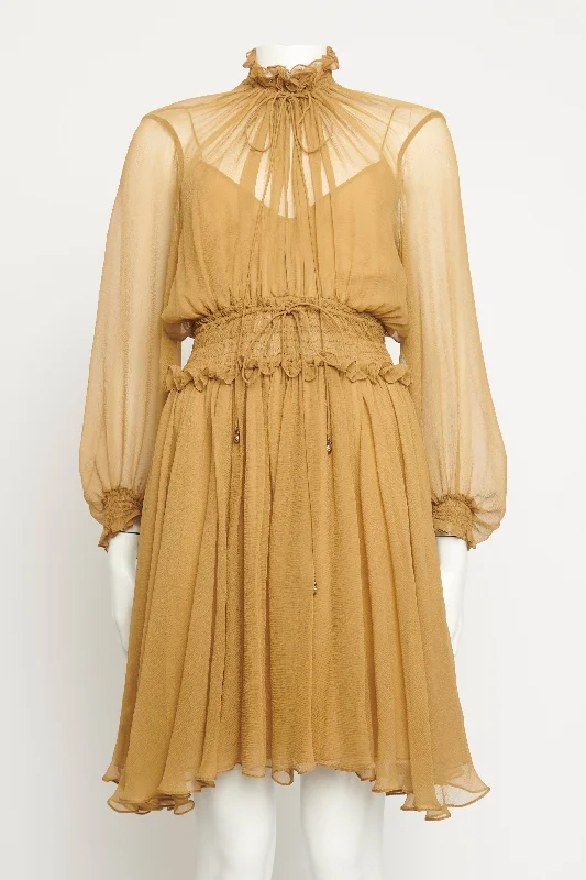 Silk Camel Shirred Preowned Mini Dress Casual High-Waist Mini Dress