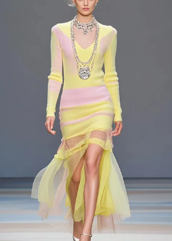 Silm Fit Yellow Patchwork Tulle Long Knit Dress Side Open Fall