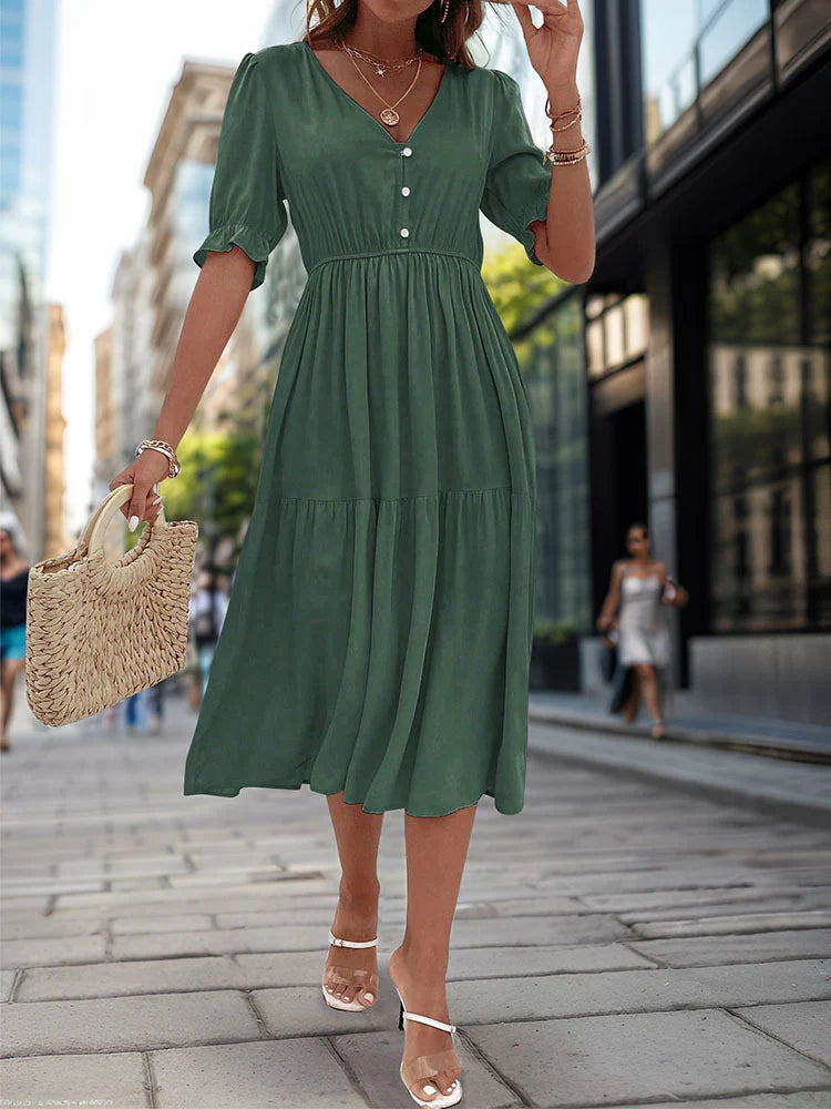 SILM WAIST V-NECK SOLID COLOR DRESS