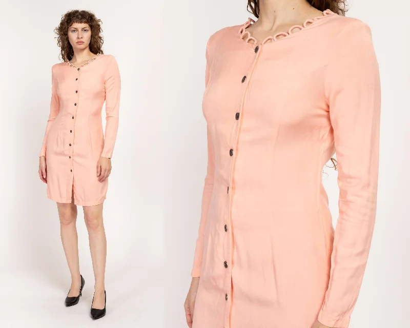 Sm-Med 80s Peach Scalloped Neckline Button Up Dress, As Is