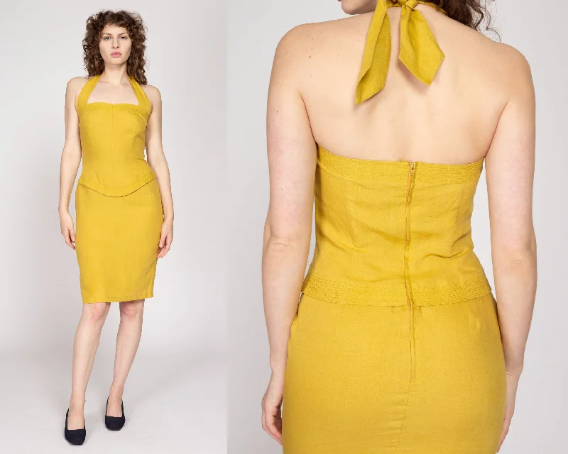 Small 90s Mustard Yellow Linen Halter Dress