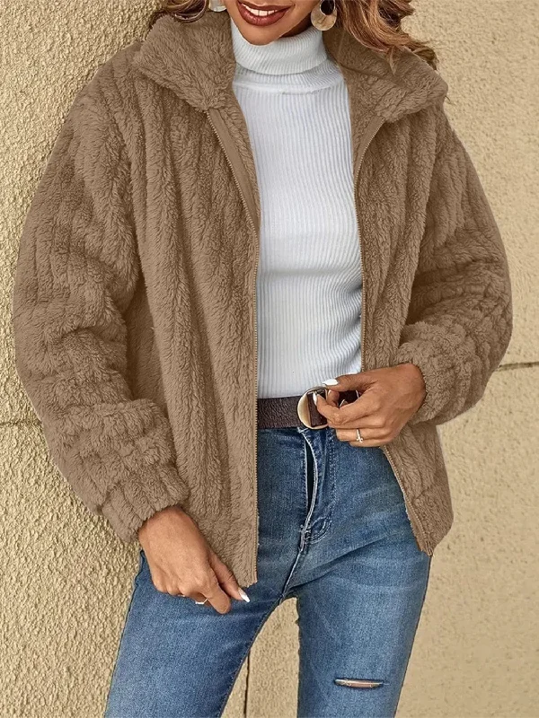 Snuggly Soft Plush Zip-Up Long-Sleeved Jacket Elasticated Jacket Padded Jacket Insulated Jacket