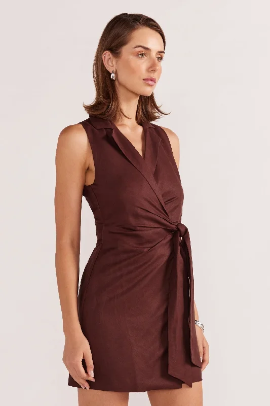Staple the Label - Ellison Wrap Mini Dress in Espresso Modern Satin Mini Dress