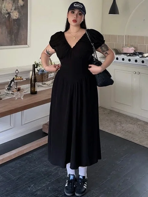 Tania Solid Color Black V-Neck Short Puffed Sleeve Long Plus Size Dress