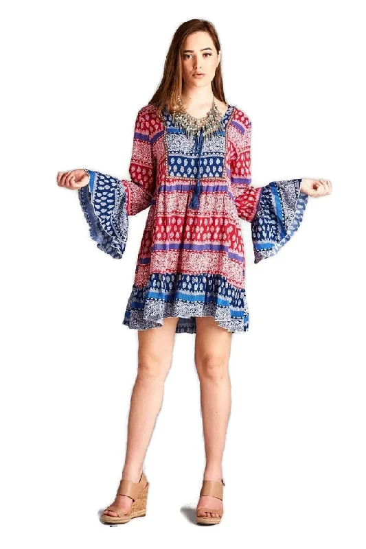 Tassel Tie Bell Sleeve Mini Dress, Red Trendy A-Line Mini Dress