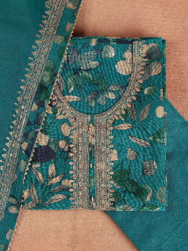 Teal Printed Silk Blend Dress Material With Dupatta