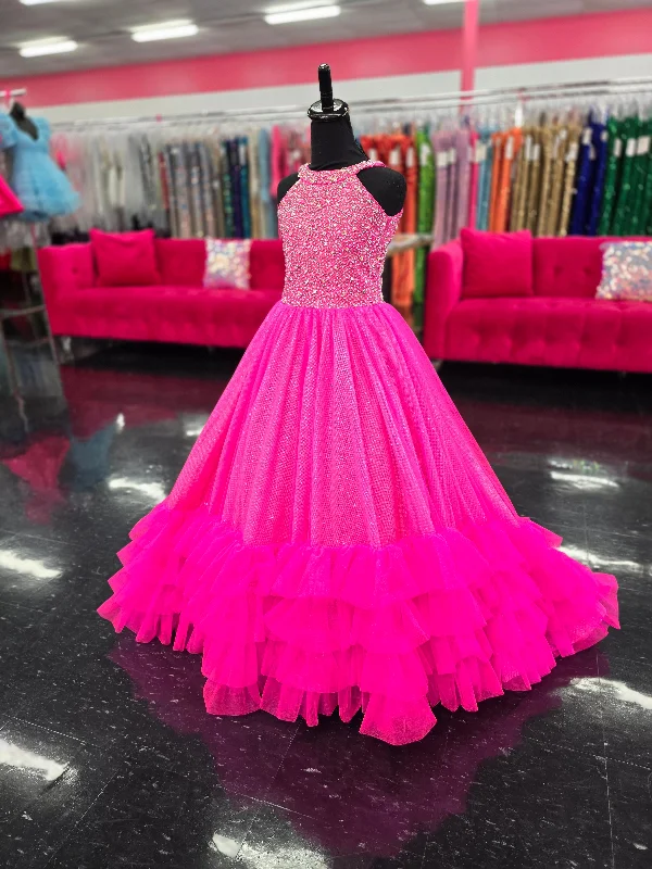 Tiffany Princess 13795 Size 6 Neon Pink Ruffle Skirt Girls Pageant Dress Crystal High Neck Backless Corset