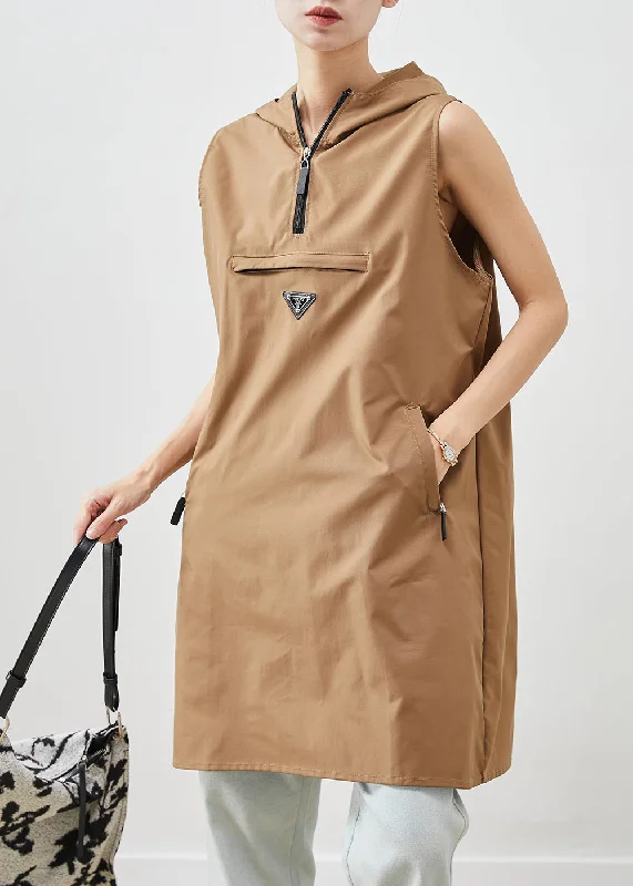 Unique Khaki Hooded Cotton Mini Dresses Sleeveless Cozy Satin Mini Dress