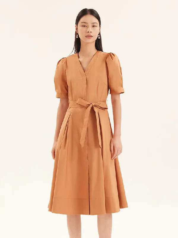 V-Neck Fitted Waist Mid-Calf Dress