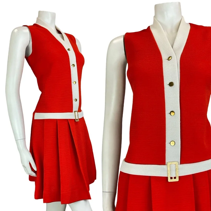 VTG 60S 70S DROP WAIST SLEEVELESS RED WHITE MINI DRESS SIZE 10 12 Cozy Cowl Neck Mini Dress