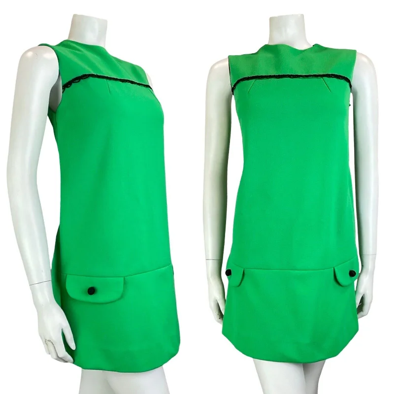 VTG 60S MOD GOGO SCOOTER GREEN SLEEVELESS MINI DRESS SIZE 8 Comfortable Casual Mini Dress