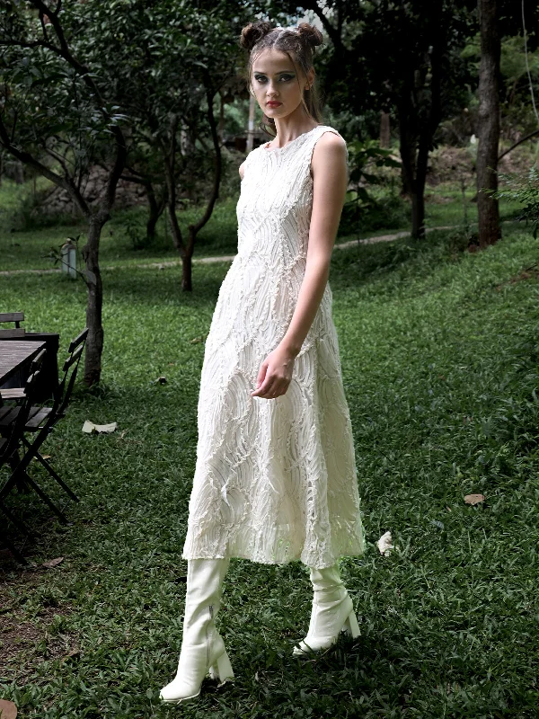 Odette Women White Net With All Over Applic Stitched Dress