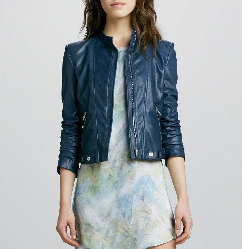 Women's Blue Stylish Genuine Leather Jacket WJ022 Hoodie Zip-Up Jacket Button-Up Jacket Women's Blue Stylish Genuine Leather Jacket WJ022 Hoodie Zip-Up Jacket Button-Up Jacket