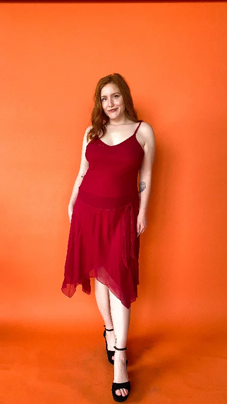 Y2K Red Bias Cut Silk Dress, sz. S-L
