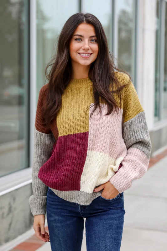 Adorable Expression Burgundy Color Block Sweater Bright Pastel Dark