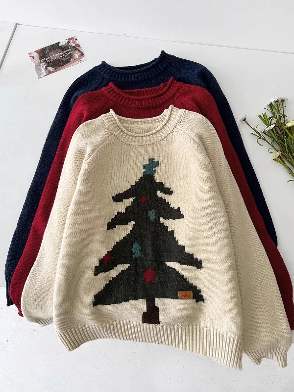 Christmas tree jacquard round neck knitted sweater    S4693 Satin Blend Silk Blend Wool Blend
