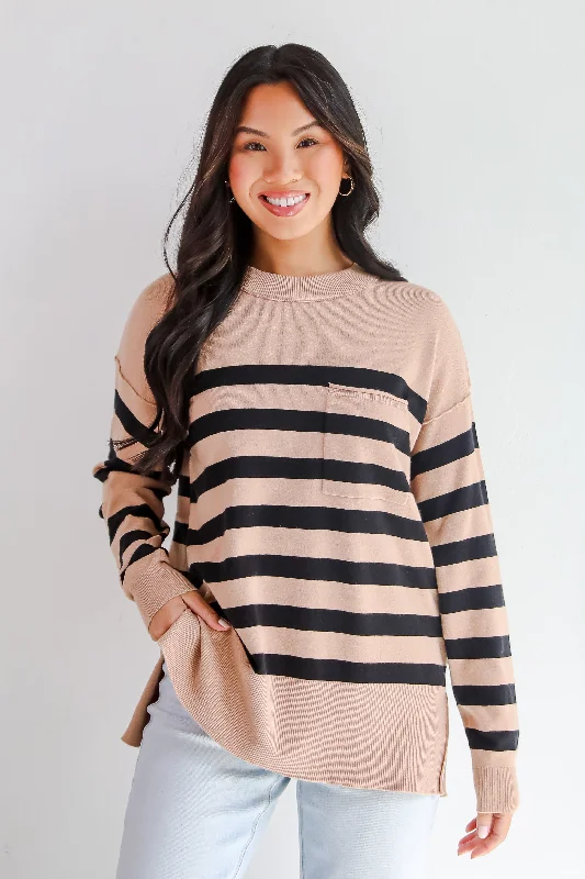 Cuddled Up Days Camel Striped Sweater Satin Blend Silk Blend Wool Blend