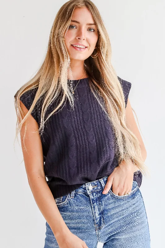 Designated Cutie Navy Cable Knit Sweater Vest High Neck Crew Neck V-Neck